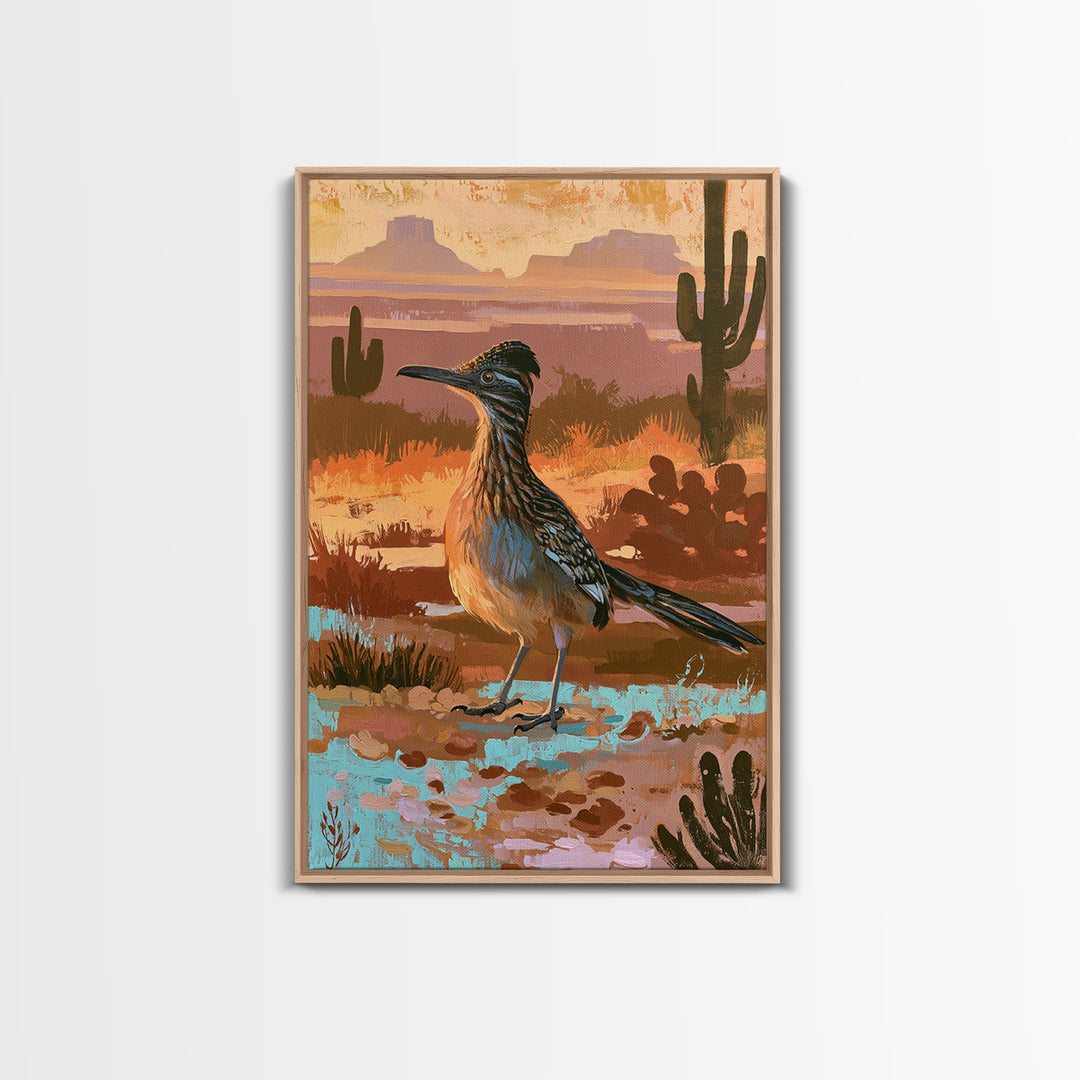 Roadrunner Bird in a Dry Wash Framed Canvas Print, Desert Art, Original Painting, Southwestern Decor, Fine Art, Desert, DES-2x3-22