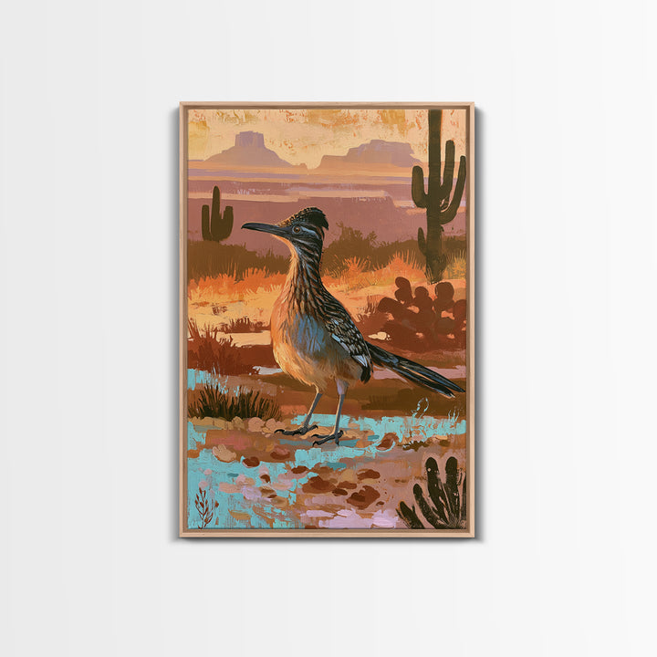 Roadrunner Bird in a Dry Wash Framed Canvas Print, Desert Art, Original Painting, Southwestern Decor, Fine Art, Desert, DES-2x3-22