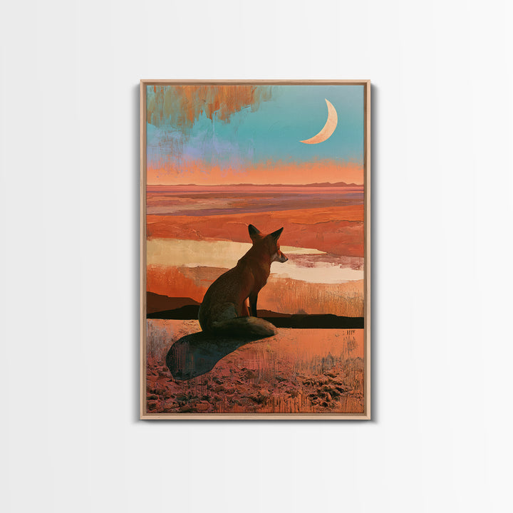 Desert Fox Beneath a Crescent Moon Framed Canvas Print, Desert Art, Abstract Wall Art, Southwestern Decor, Oil Painting, Desert, DES-2x3-25
