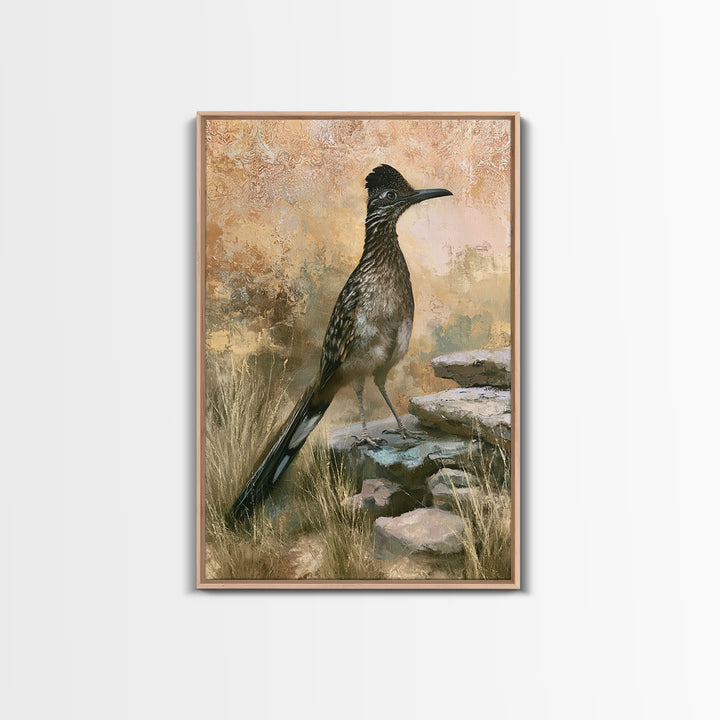 Roadrunner Bird in a Dry Wash Framed Canvas Print, Desert Art, Original Painting, Southwestern Decor, Fine Art, Desert, DES-2x3-46
