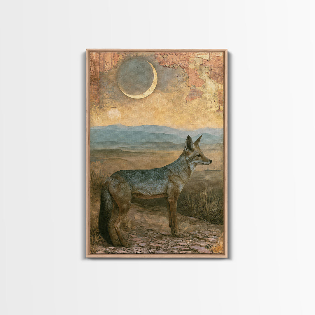 Desert Fox Beneath a Crescent Moon Canvas Print, Desert Art, Bedroom Wall Art, Southwestern Decor, Desert, Fine Art Print, DES-2x3-49