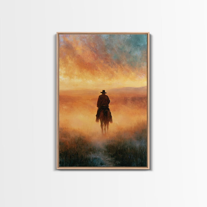 Dusty Horseback Rider at Sunset Framed Canvas Print, Desert Art, Boho Decor, Southwestern Decor, Oil Painting, Desert, DES-2x3-55