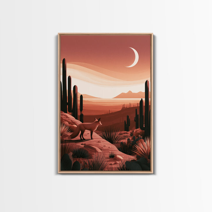 Desert Fox Beneath a Crescent Moon Framed Canvas Print, Desert Art, Botanical Art, Southwestern Decor, Fine Art, Desert, DES-2x3-73