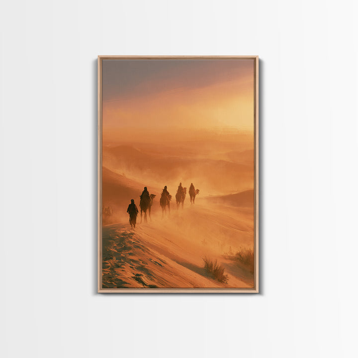 Camel Caravan Crossing Golden Dunes Framed Canvas Print, Desert Art, Southwestern Decor, Oil Painting, Desert, DES-2x3-87