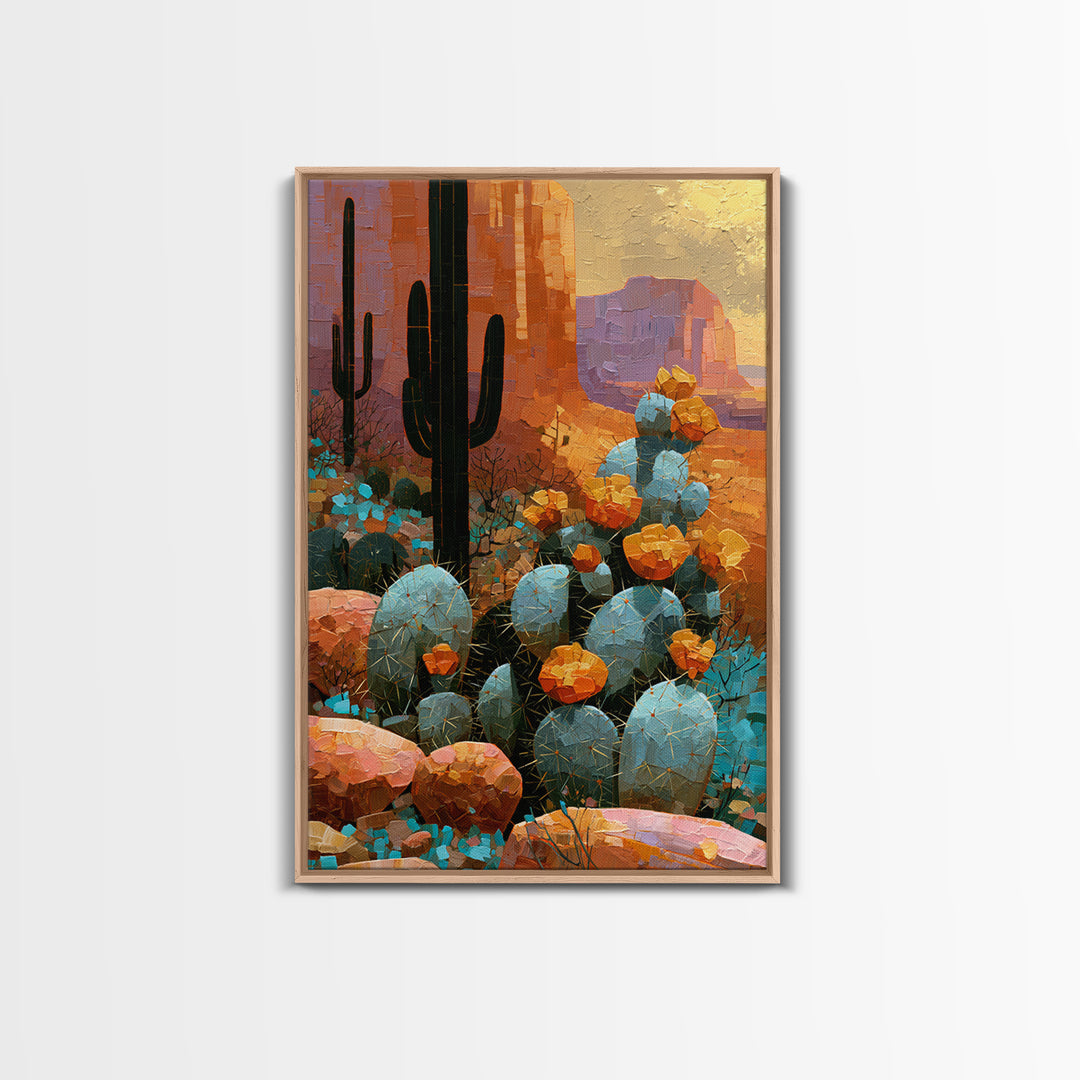 Cactus Botanical Plate Framed Canvas Print, Desert Art, Colorful Wall Art, Southwestern Decor, Fine Art, Desert, DES-2x3-88