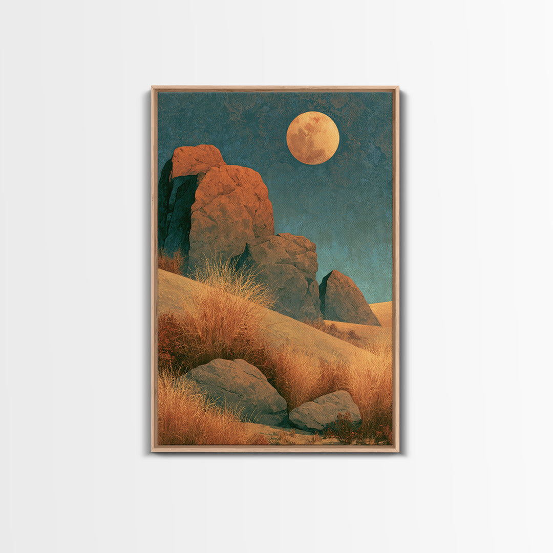 Desert Moon over Rolling Sand Framed Canvas Print, Desert Art, Modern Wall Art, Southwestern Decor, Oil Painting, Desert, DES-2x3-90