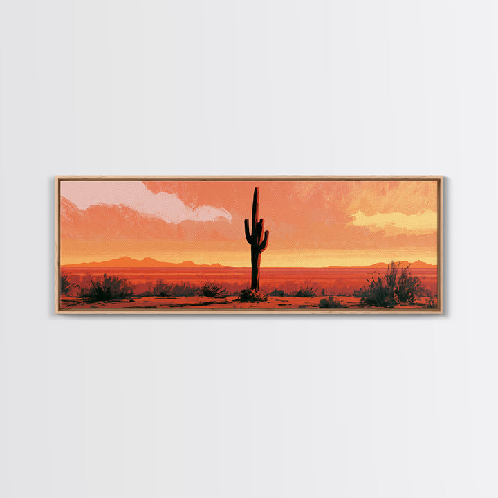 Saguaro Cactus under Orange Sunset Sky Framed Canvas Print, Desert Art, Gallery Decor, Southwestern Decor, Fine Art, Desert, DES-3x1-17