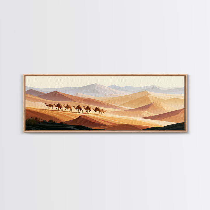 Camel Caravan Crossing Golden Dunes Framed Canvas Print, Desert Art, Contemporary Art, Southwestern Decor, Fine Art, Desert, DES-3x1-23