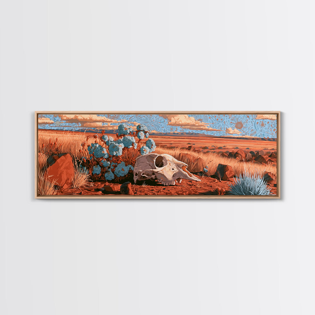 Sun Bleached Skull and Desert Flowers Framed Canvas Print, Desert Art, Nature Wall Art, Southwestern Decor, Watercolor Art, DES-3x1-28