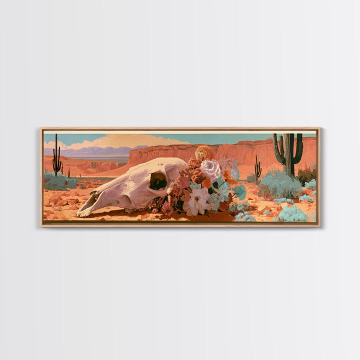 Sun Bleached Skull and Desert Flowers Framed Canvas Print, Desert Art, Contemporary Art, Southwestern Decor, Fine Art, Desert, DES-3x1-52