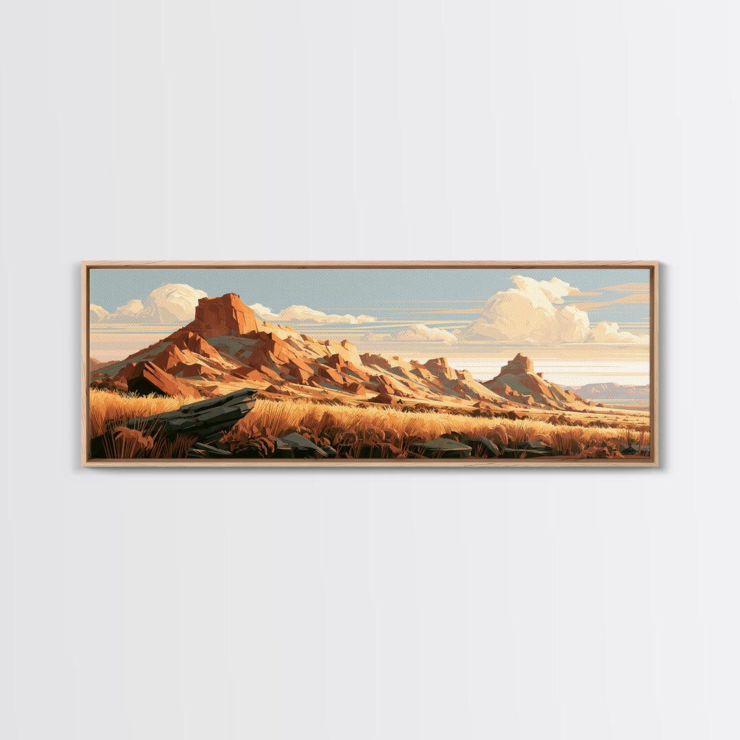 Terracotta and Cream Geometric Landscape Framed Canvas Print, Desert Art, Western Wall Art, Southwestern Decor, Oil Painting, DES-3x1-58