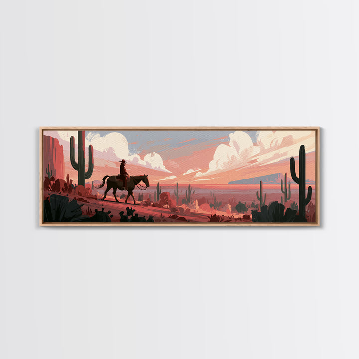 Dusty Horseback Rider at Sunset Framed Canvas Print, Desert Art, Room Decor, Southwestern Decor, Desert, Abstract Wall Art, DES-3x1-63