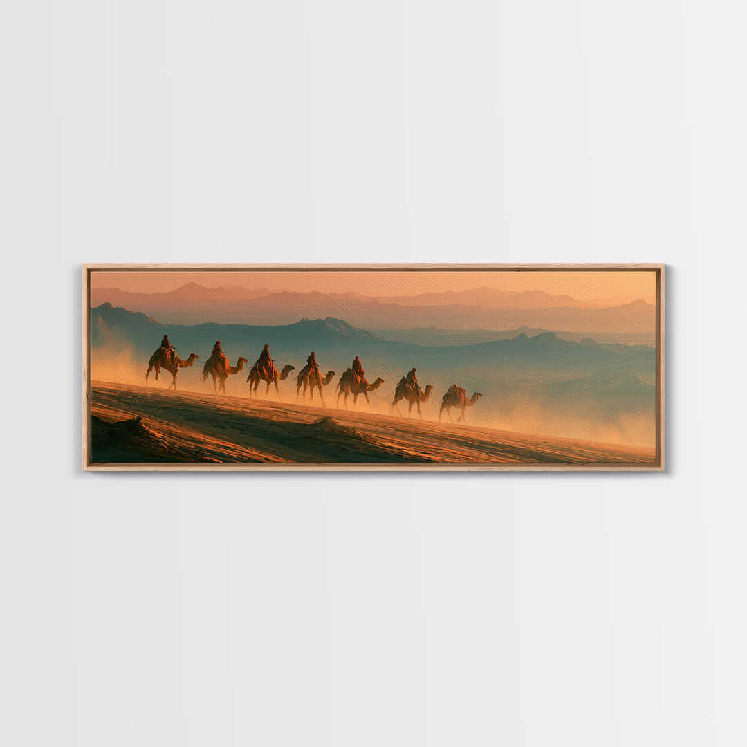 Camel Caravan Crossing Golden Dunes Canvas Print, Desert Art, Boho Wall Art, Southwestern Decor, Oil Painting, Desert, DES-3x1-71