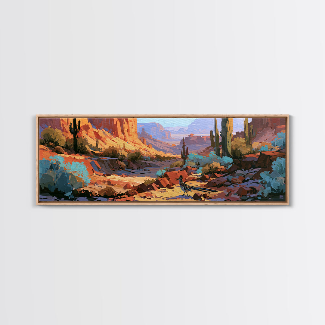 Roadrunner Bird in a Dry Wash Canvas Print, Desert Art, Printable Art, Southwestern Decor, Oil Painting, Desert, DES-3x1-78
