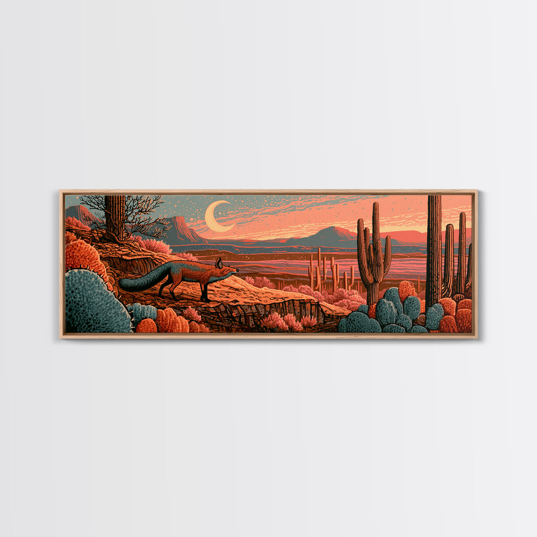 Desert Fox Beneath a Crescent Moon Framed Canvas Print, Desert Art, Mountain Wall Art, Southwestern Decor, Fine Art, Desert, DES-3x1-9