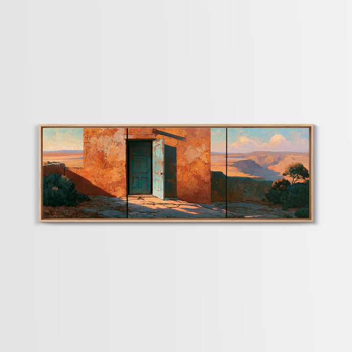 Adobe Doorway with Turquoise Shadow Canvas Print, Desert Art, Southwestern Decor, Oil Painting, Desert, Printable Art, DES-3x1-93