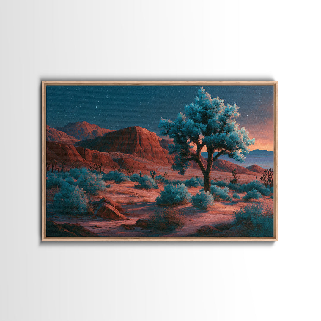 Joshua Tree under Star Filled Night Framed Canvas Print, Desert Art, Mountain Wall Art, Southwestern Decor, Oil Painting, DES-3x2-10