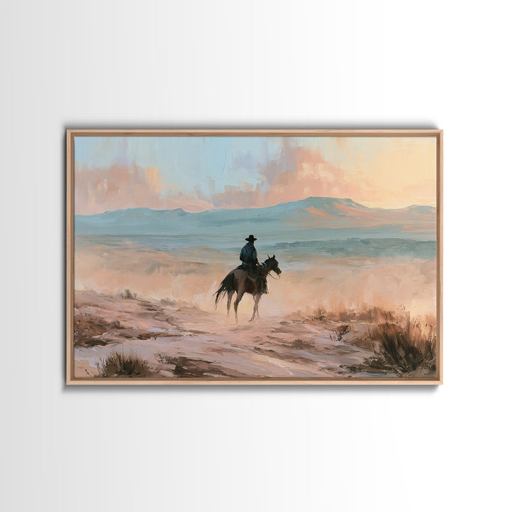 Dusty Horseback Rider at Sunset Framed Canvas Print, Desert Art, Wall Art, Southwestern Decor, Desert, Apartment Decor, DES-3x2-27
