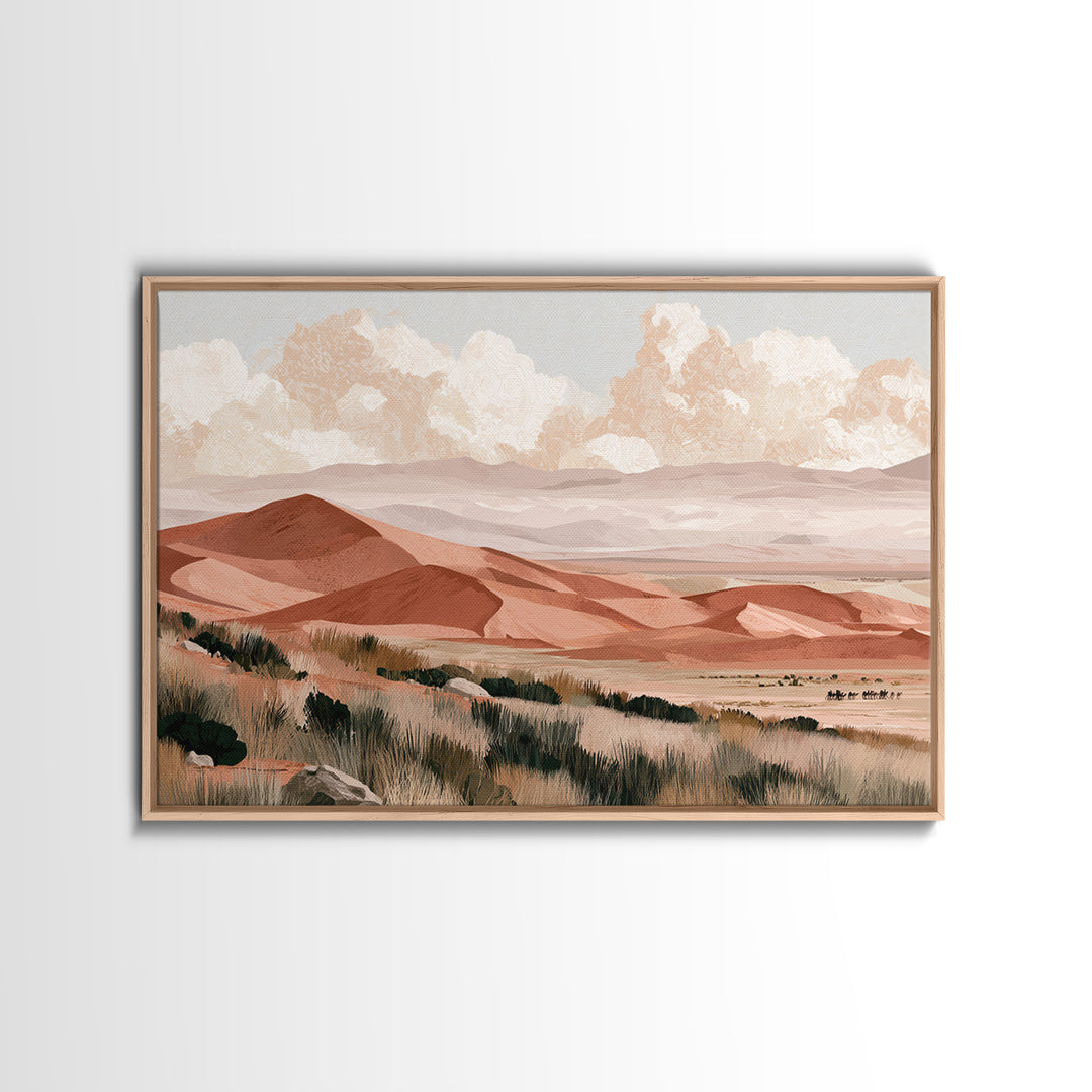 Saharan Dunes with Tiny Caravan Silhouettes Canvas Print, Desert Art, Digital Download Art, Southwestern Decor, Oil Painting, DES-3x2-30