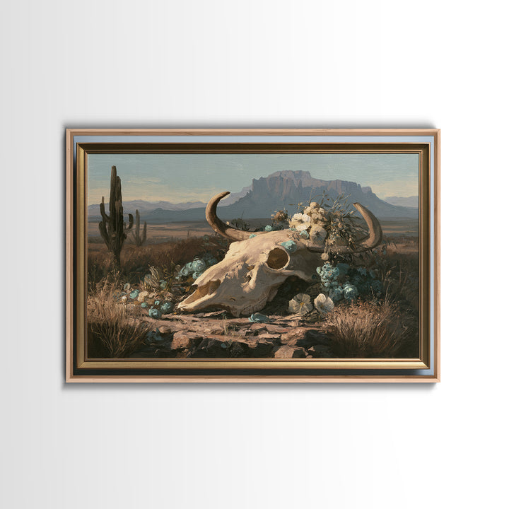 Sun Bleached Skull and Desert Flowers Framed Canvas Print, Desert Art, Southwestern Decor, Watercolor Art, Desert, DES-3x2-40