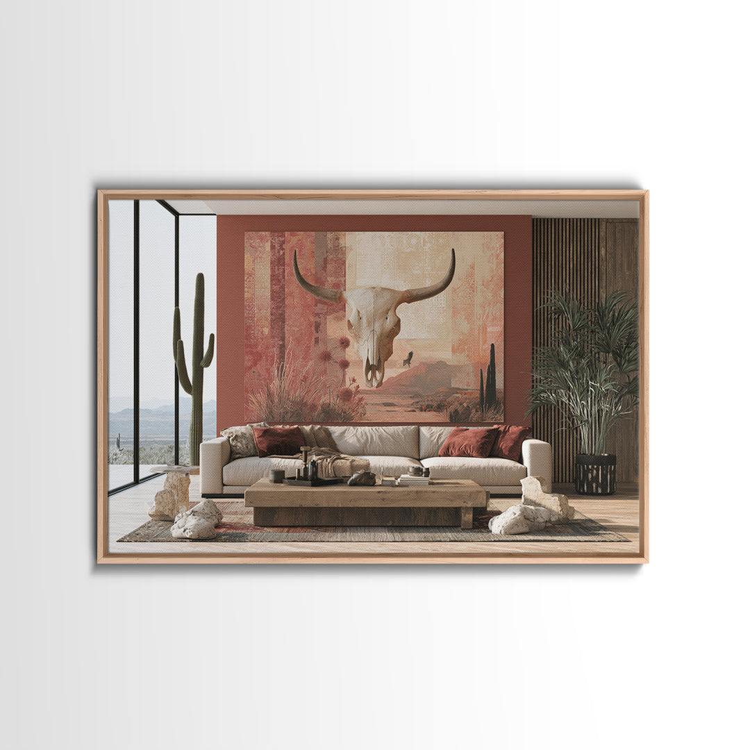 Sun Bleached Skull and Desert Flowers Framed Canvas Print, Desert Art, Original Painting, Southwestern Decor, Fine Art, Desert, DES-3x2-64