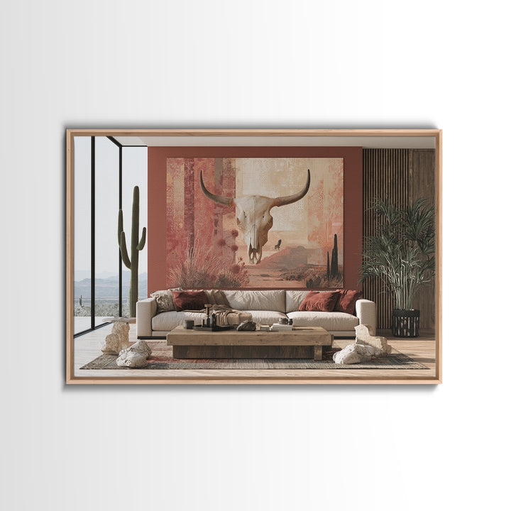 Sun Bleached Skull and Desert Flowers Framed Canvas Print, Desert Art, Original Painting, Southwestern Decor, Fine Art, Desert, DES-3x2-64