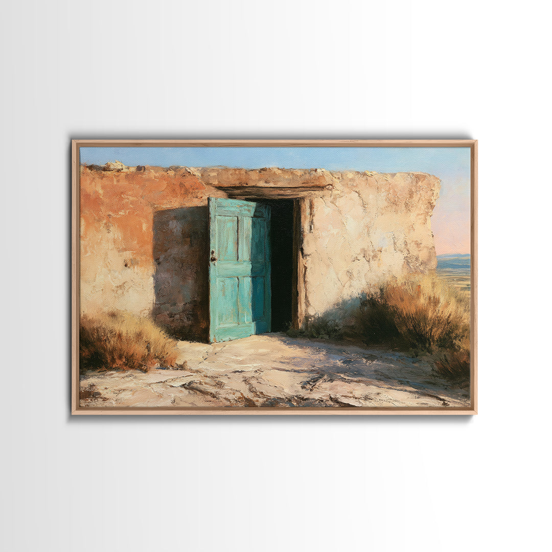 Adobe Doorway with Turquoise Shadow Framed Canvas Print, Desert Art, Contemporary Art, Southwestern Decor, Fine Art, Desert, DES-3x2-81