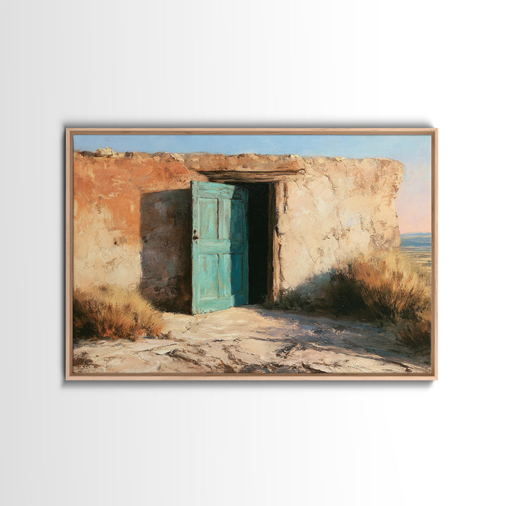 Adobe Doorway with Turquoise Shadow Framed Canvas Print, Desert Art, Contemporary Art, Southwestern Decor, Fine Art, Desert, DES-3x2-81