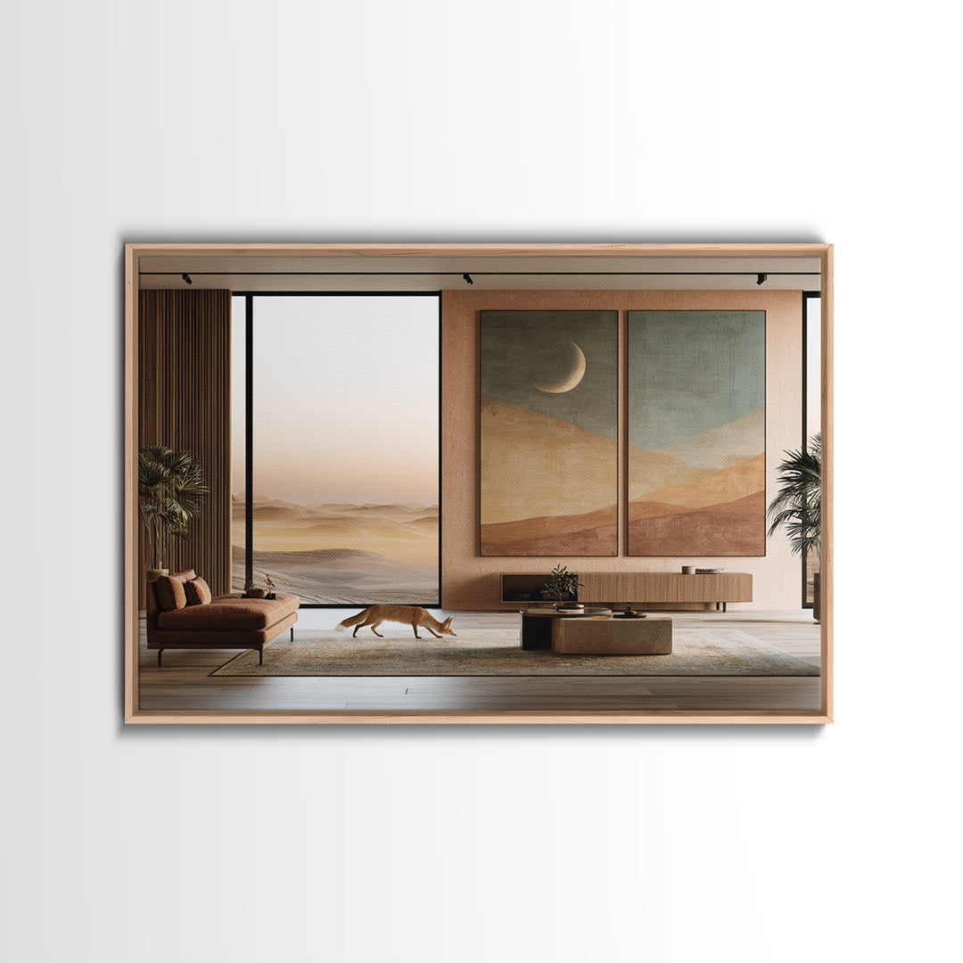 Desert Fox Beneath a Crescent Moon Canvas Print, Desert Art, Southwestern Decor, Oil Painting, Desert, Living Room Decor, DES-3x2-93