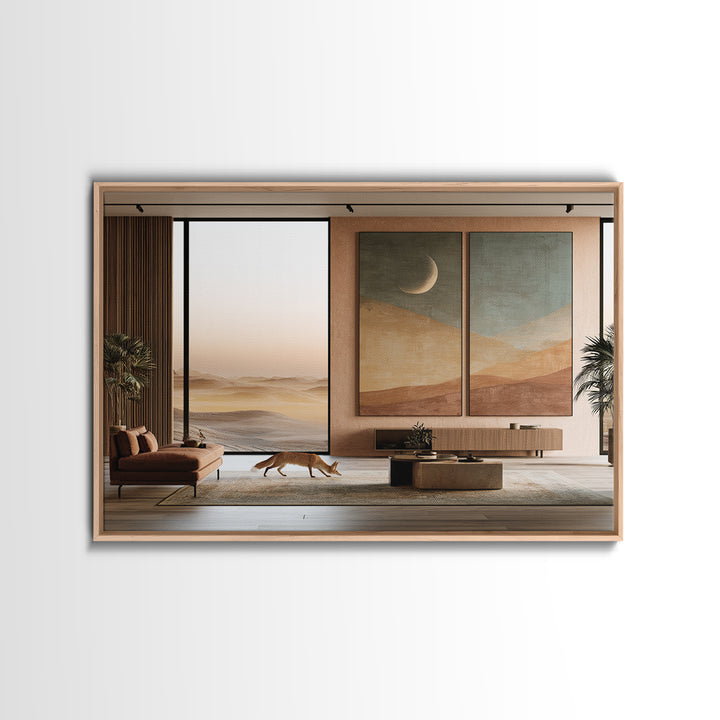 Desert Fox Beneath a Crescent Moon Canvas Print, Desert Art, Southwestern Decor, Oil Painting, Desert, Living Room Decor, DES-3x2-93