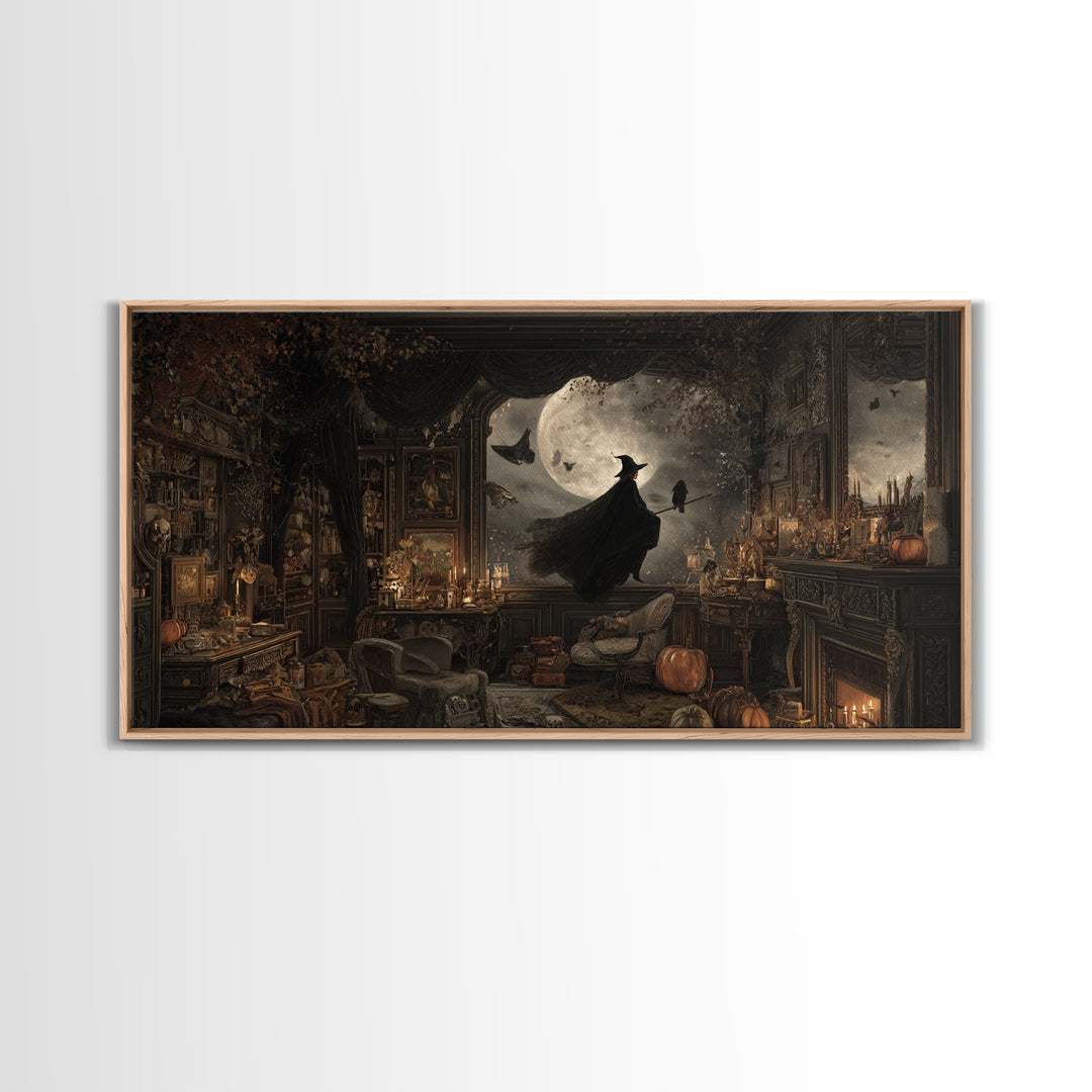 The Moonlit Witch, Wide Panoramic Art, Haunted Gothic Art, Framed Canvas Print, Halloween Wall Decor, Gothic Home Decor, Halloween Wall Art