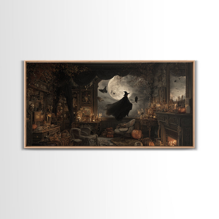 The Moonlit Witch, Wide Panoramic Art, Haunted Gothic Art, Framed Canvas Print, Halloween Wall Decor, Gothic Home Decor, Halloween Wall Art