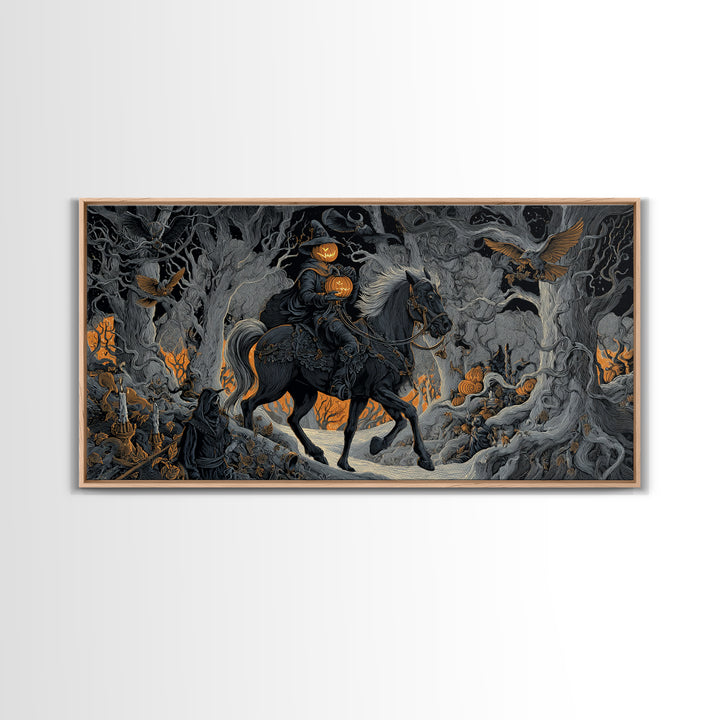 The Headless Horseman, Wide Panoramic Art, Dark Halloween Decor, Canvas Print, Halloween Wall Decor, Gothic Home Decor, Dark Fantasy Art