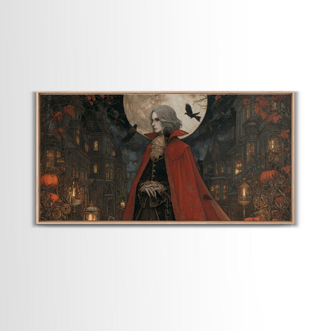 The Crimson Vampire, Wide Panoramic Art, Haunted Gothic Art, Framed Canvas Print, Halloween Wall Decor, Gothic Home Decor, Spooky Wall Decor