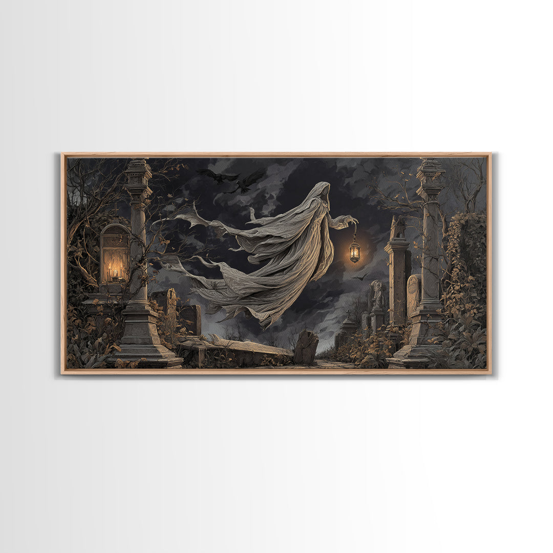 The Graveyard Ghost, Wide Panoramic Art, Gothic Horror Wall Art, Framed Canvas Print, Halloween Wall Decor, Gothic Home Decor