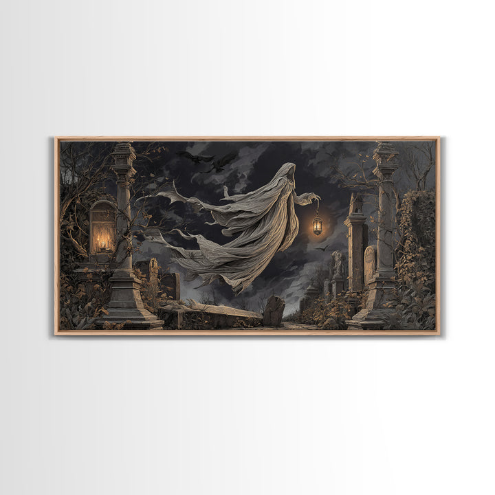 The Graveyard Ghost, Wide Panoramic Art, Gothic Horror Wall Art, Framed Canvas Print, Halloween Wall Decor, Gothic Home Decor