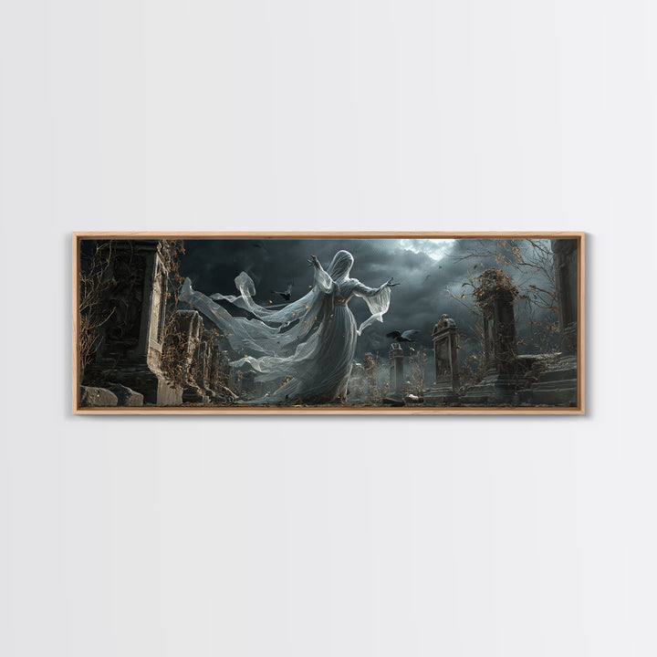 The Graveyard Ghost, Extra Wide Wall Art, Macabre Wall Art, Framed Canvas Print, Halloween Wall Decor, Gothic Home Decor