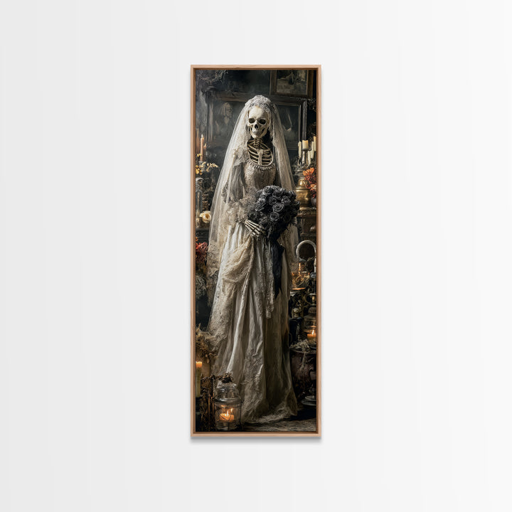 The Skeletal Bride, Tall Narrow Wall Art, Macabre Wall Art, Framed Canvas Print, Halloween Wall Decor, Gothic Home Decor, Halloween Decor