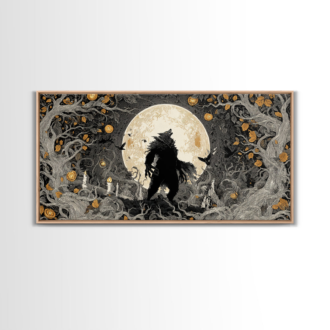 The Moon-Cursed Werewolf, Wide Panoramic Art, Macabre Wall Art, Framed Canvas Print, Halloween Wall Decor, Gothic Home Decor