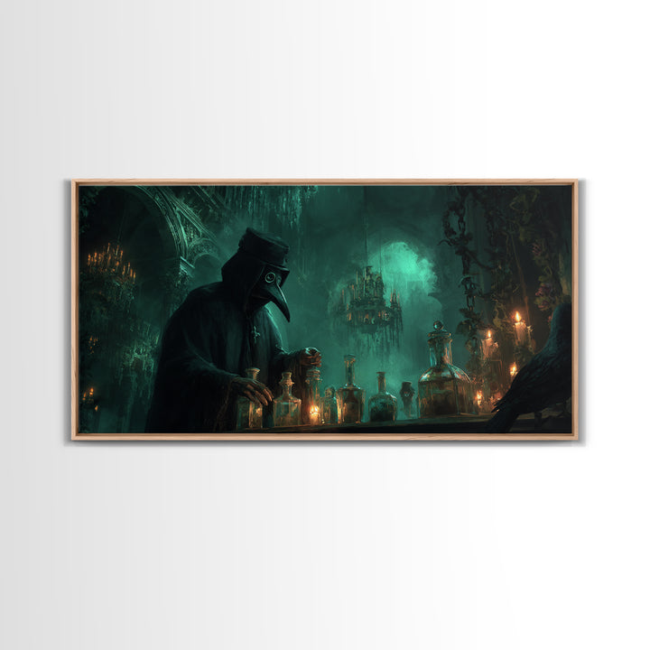 The Plague Doctor, Wide Panoramic Art, Macabre Wall Art, Framed Canvas Print, Halloween Wall Decor, Gothic Home Decor, Halloween Wall Art