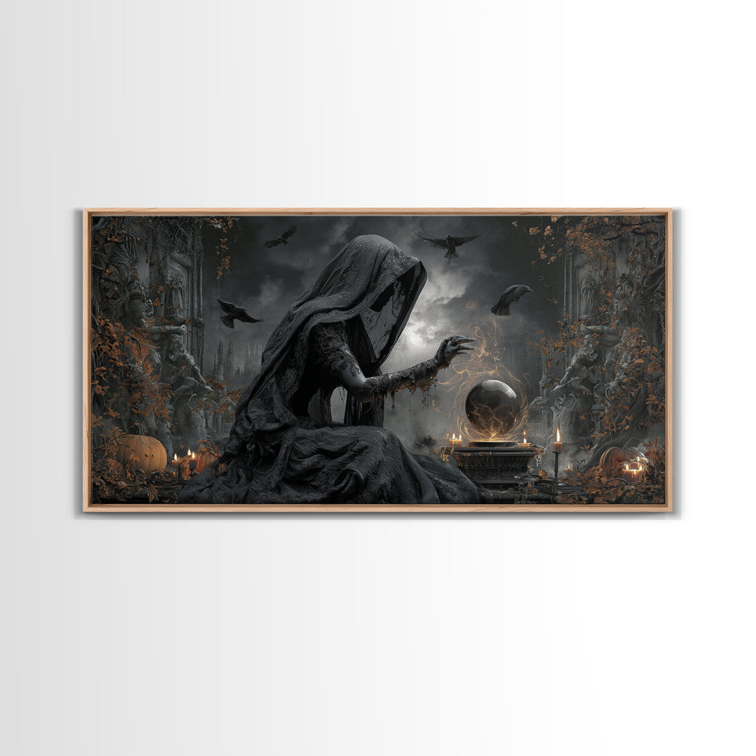 The Midnight Fortune Teller, Wide Panoramic Art, Macabre Wall Art, Framed Canvas Print, Halloween Wall Decor, Gothic Home Decor