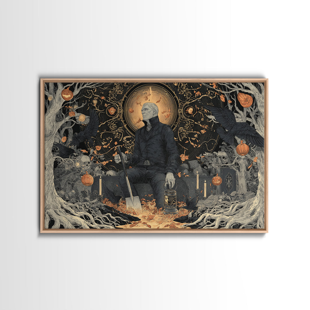 The Lantern Gravedigger, Landscape Wall Art, Gothic Horror Wall Art, Framed Canvas Print, Halloween Wall Decor, Gothic Home Decor
