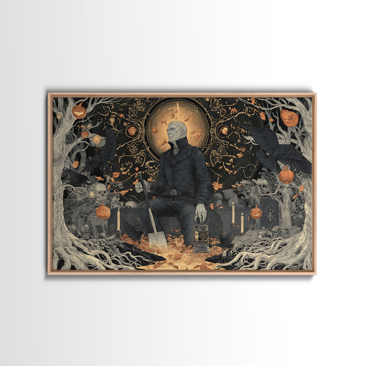The Lantern Gravedigger, Landscape Wall Art, Gothic Horror Wall Art, Framed Canvas Print, Halloween Wall Decor, Gothic Home Decor