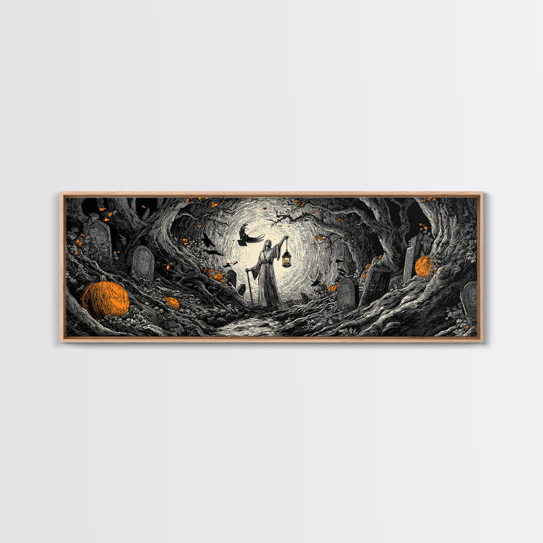 The Lantern Gravedigger, Extra Wide Wall Art, Gothic Horror Wall Art, Framed Canvas Print, Halloween Wall Decor, Gothic Home Decor