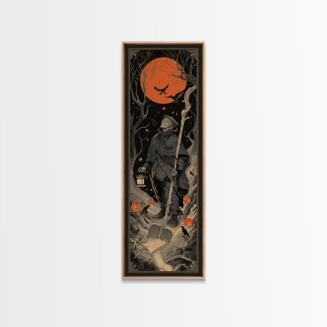 The Lantern Gravedigger, Tall Narrow Wall Art, Macabre Wall Art, Framed Canvas Print, Halloween Wall Decor, Gothic Home Decor