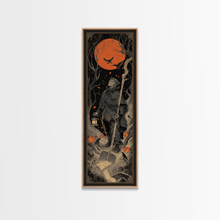The Lantern Gravedigger, Tall Narrow Wall Art, Macabre Wall Art, Framed Canvas Print, Halloween Wall Decor, Gothic Home Decor