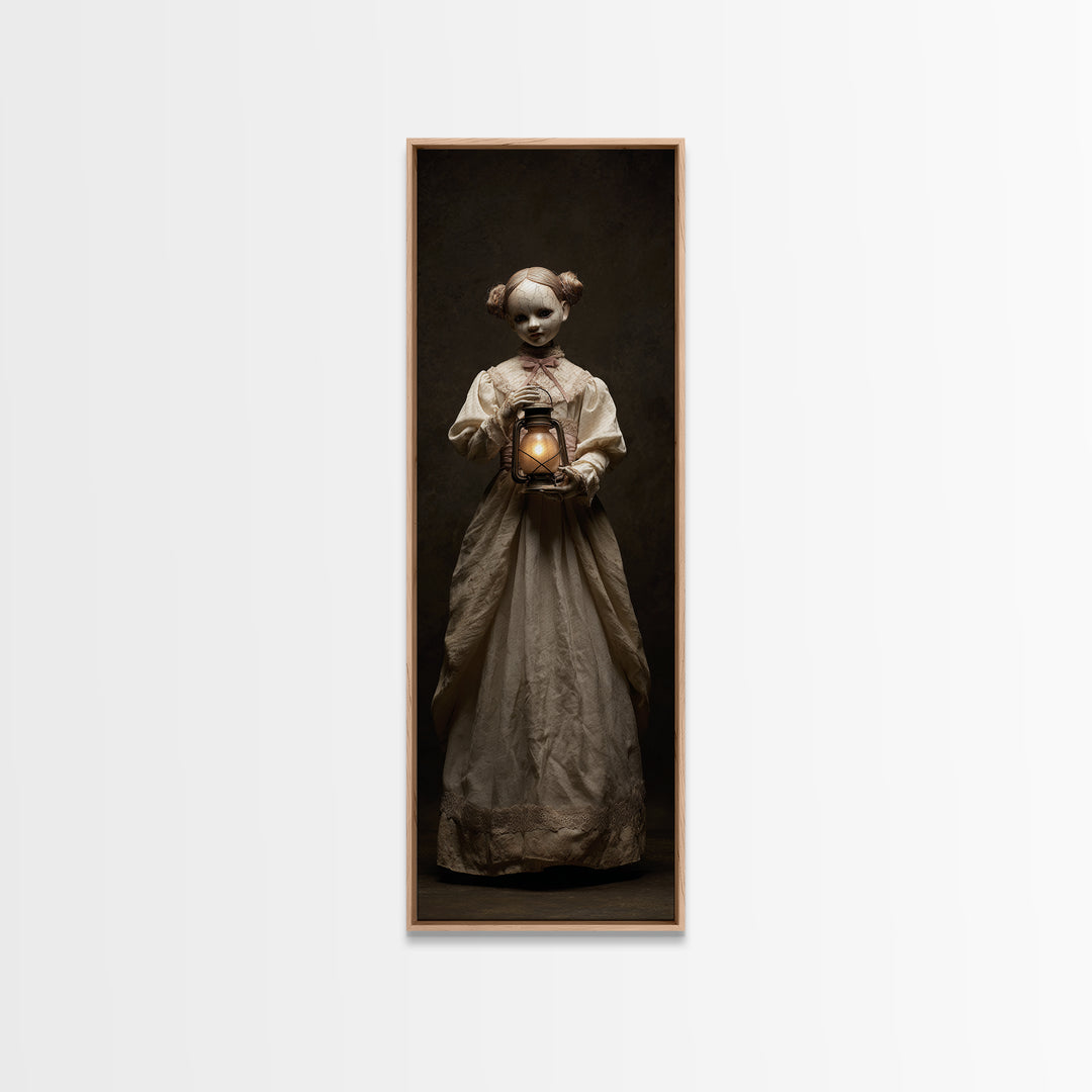 The Haunted Porcelain Doll, Tall Narrow Wall Art, Macabre Wall Art, Framed Canvas Print, Halloween Wall Decor, Gothic Home Decor