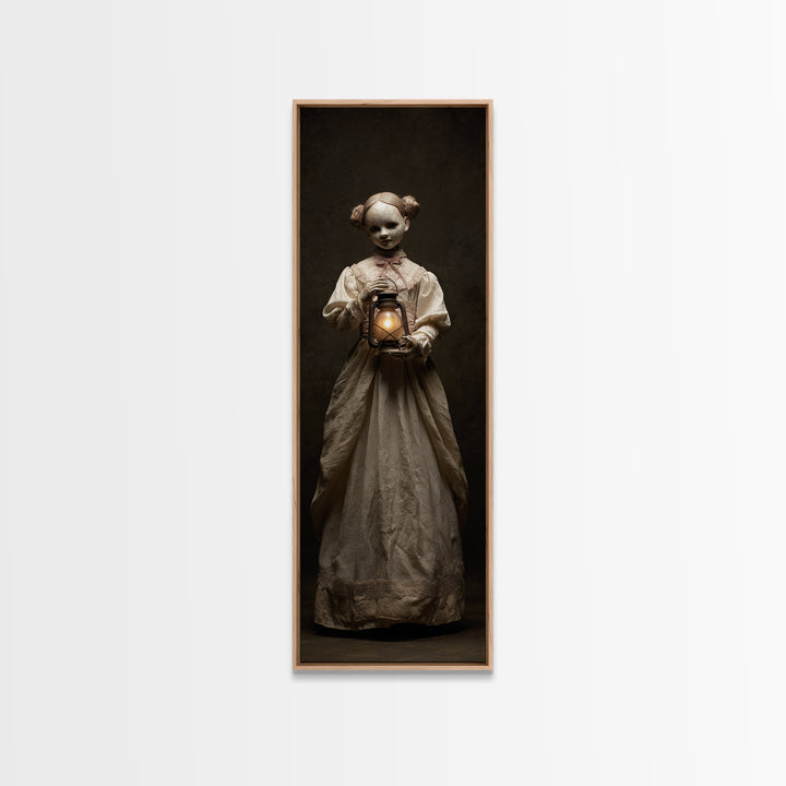 The Haunted Porcelain Doll, Tall Narrow Wall Art, Macabre Wall Art, Framed Canvas Print, Halloween Wall Decor, Gothic Home Decor