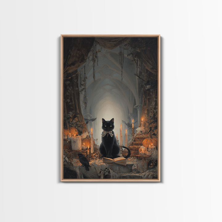 The Black Cat Familiar, Vertical Wall Art, Gothic Horror Wall Art, Framed Canvas Print, Halloween Wall Decor, Gothic Home Decor