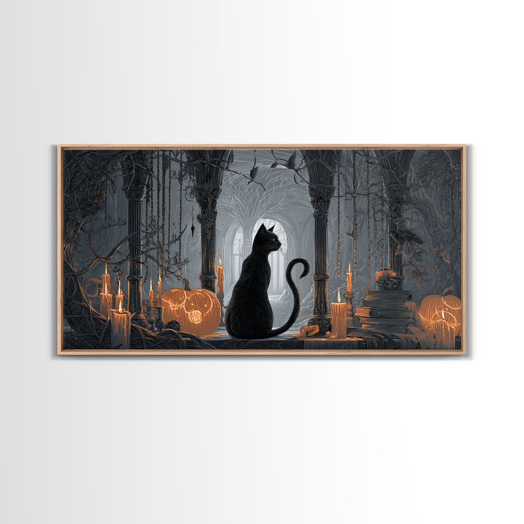 The Black Cat Familiar, Wide Panoramic Art, Haunted Gothic Art, Framed Canvas Print, Halloween Wall Decor, Gothic Home Decor